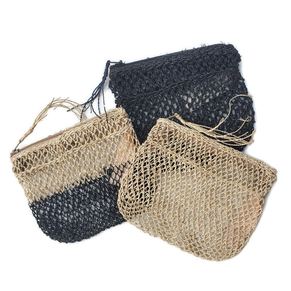 Tonmai JungleVine Zipper Pouches in undyed natural, two-tone, and dark-dyed soa